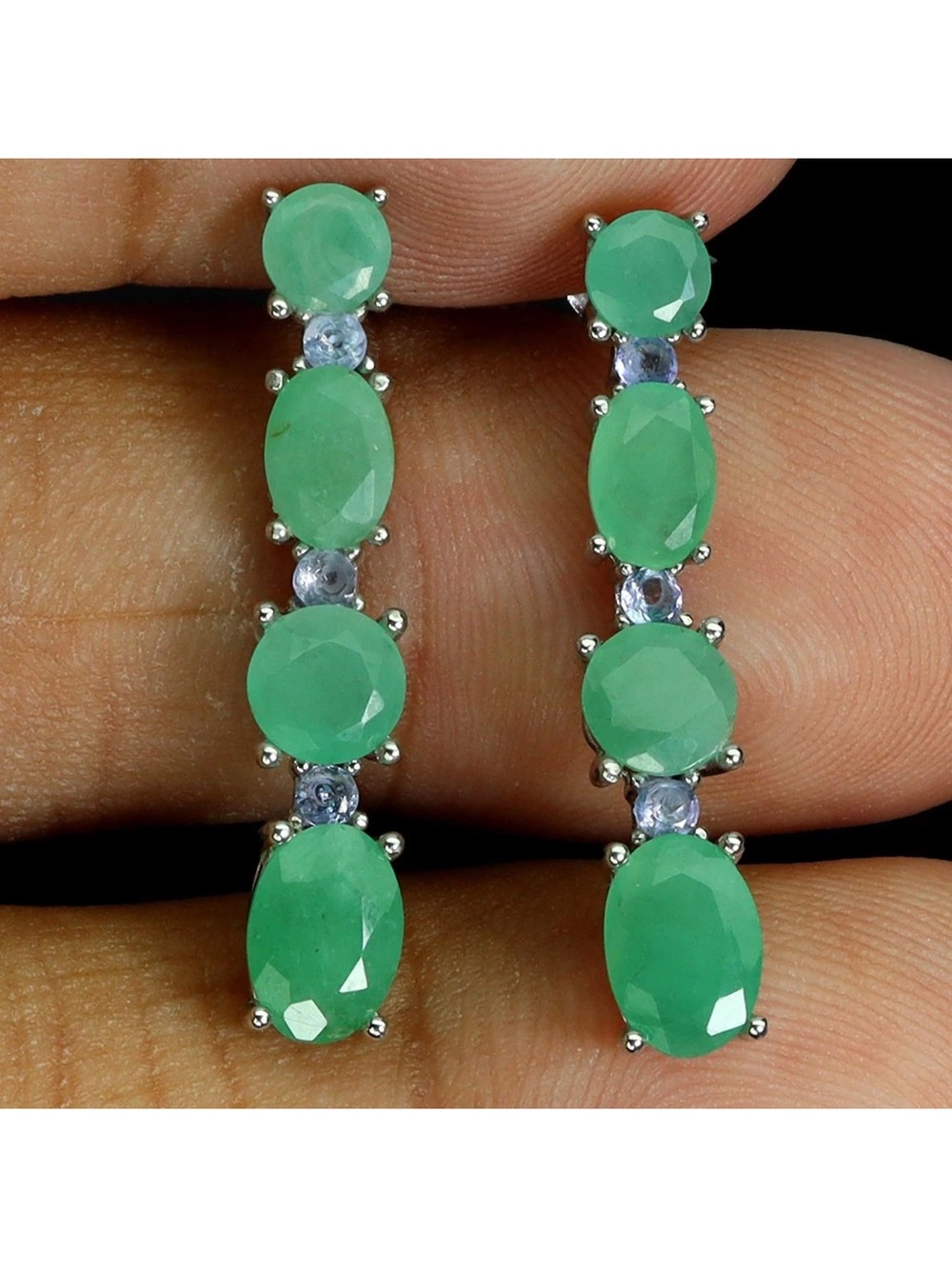 Genuine Emerald & Tanzanite Drop Earrings 925 SS with 14K White Gold overlay